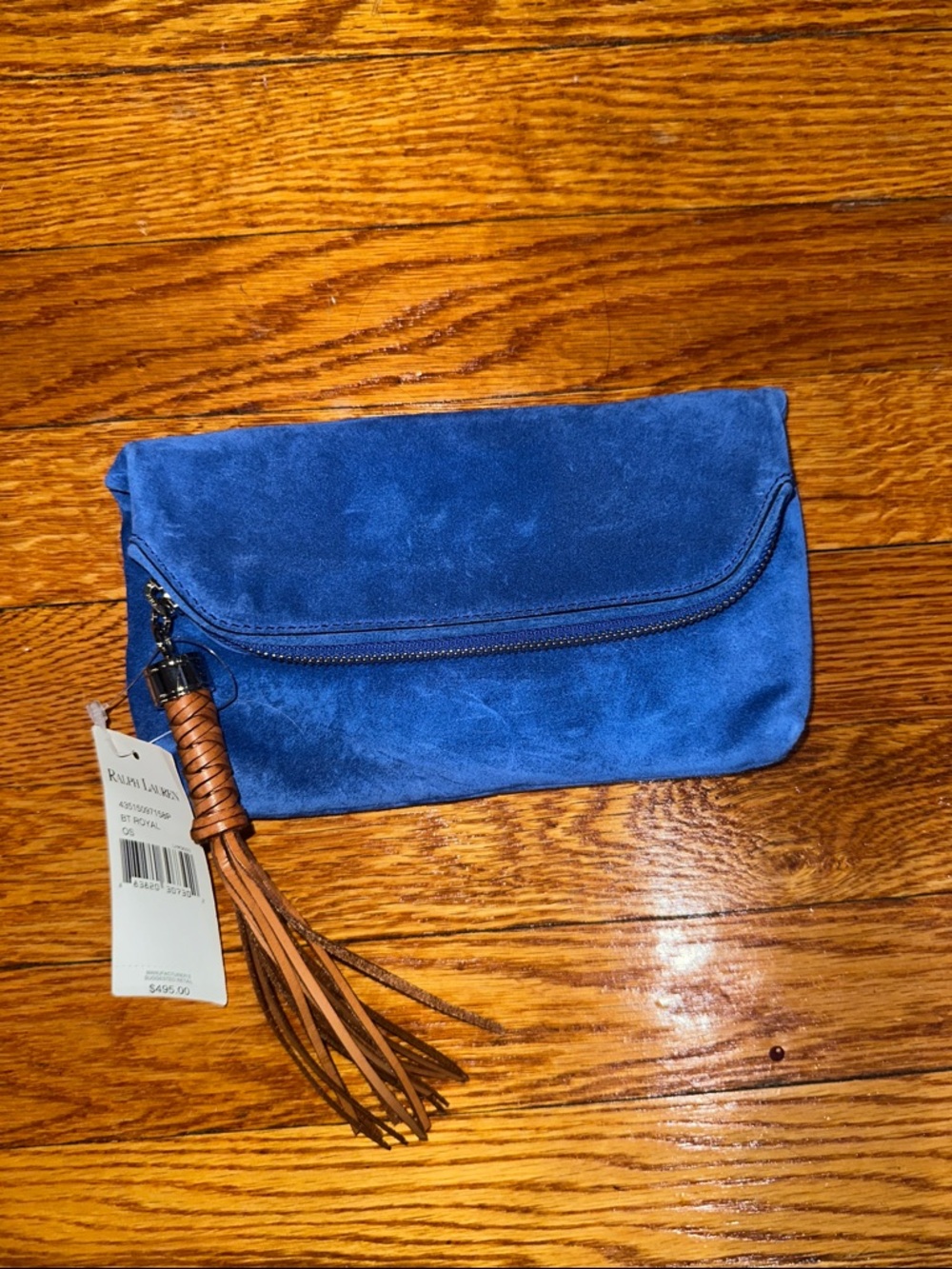 Ralph Lauren Royal Blue Suede Wristlet Clutch with Tan Tassel